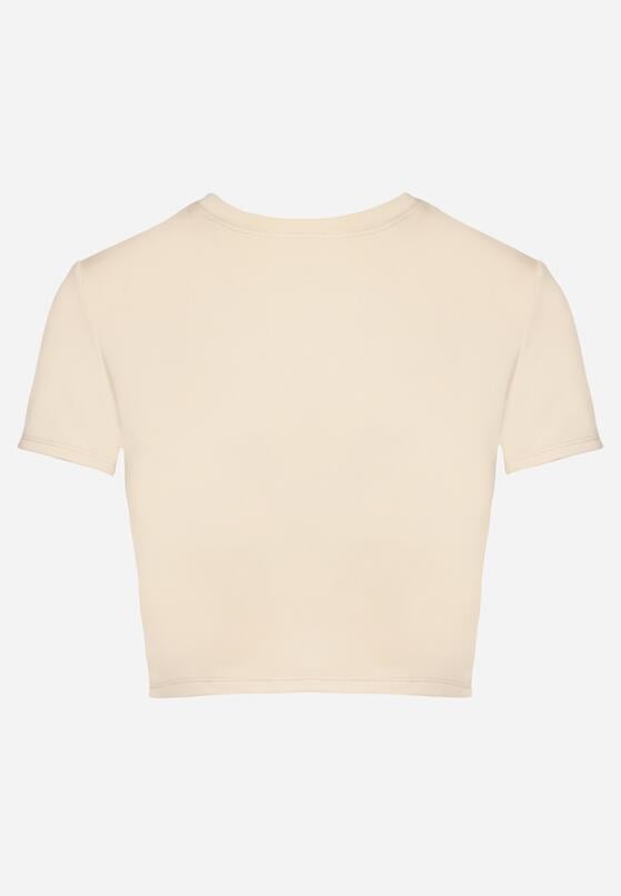 Beżowy T-shirt z Wiskozą o Dopasowanym Kroju Typu Crop Top Folirra 7
