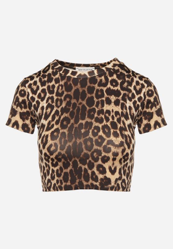 Panterkowy T-shirt z Wiskozą o Dopasowanym Kroju Typu Crop Top Folirra 6