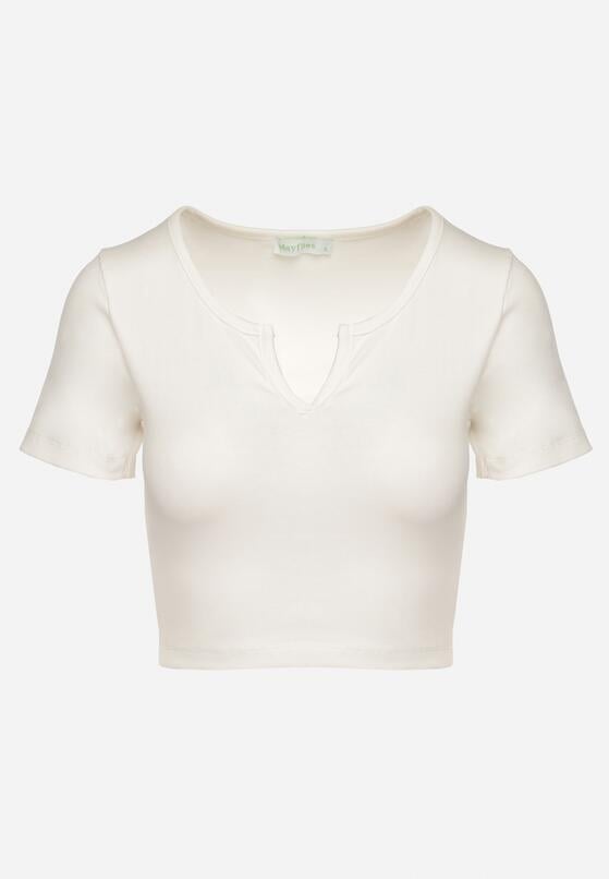 Beżowy Bawełniany T-shirt z Prążkowanego Materiału Linalora 6
