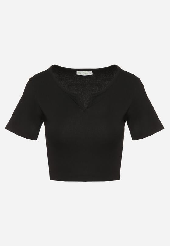 Czarny Bawełniany T-shirt z Prążkowanego Materiału Linalora 6