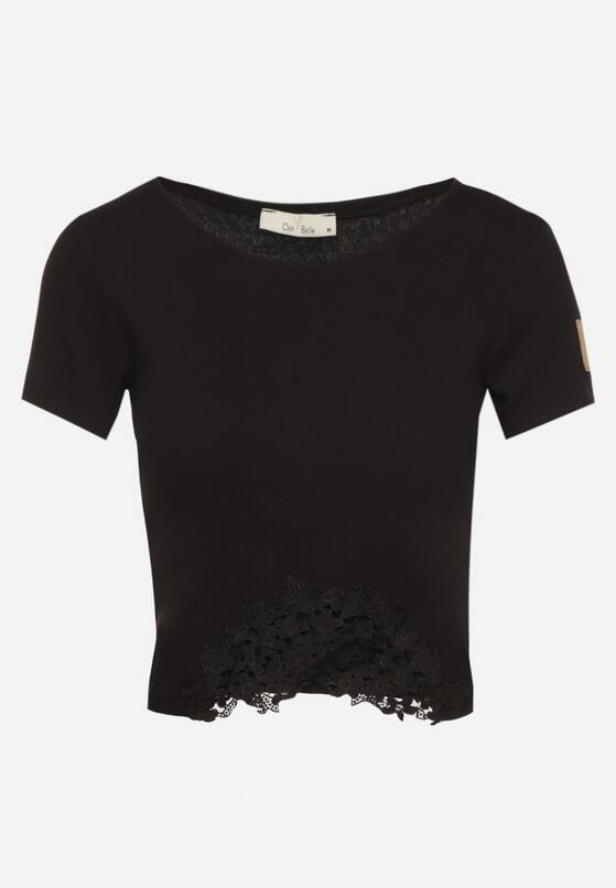 Czarny Prążkowany T-shirt Zdobiony Koronką Lizeira 6