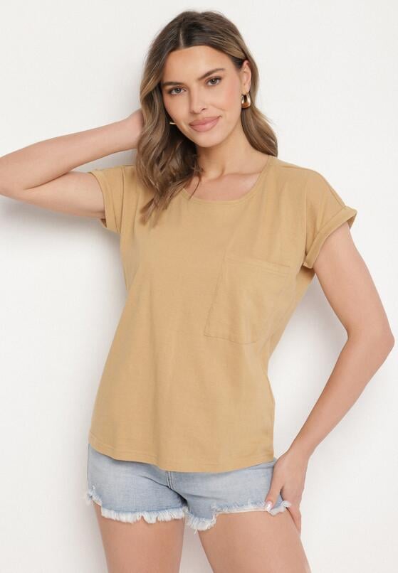 Beżowy T-shirt z Bawełny Ozdobiony Kieszonką Ziarene 2