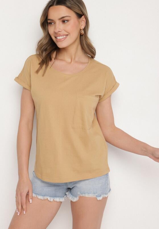 Beżowy T-shirt z Bawełny Ozdobiony Kieszonką Ziarene 4