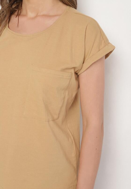 Beżowy T-shirt z Bawełny Ozdobiony Kieszonką Ziarene 5