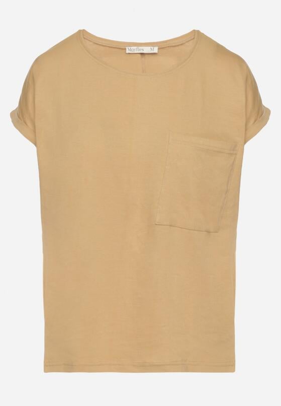 Beżowy T-shirt z Bawełny Ozdobiony Kieszonką Ziarene 6