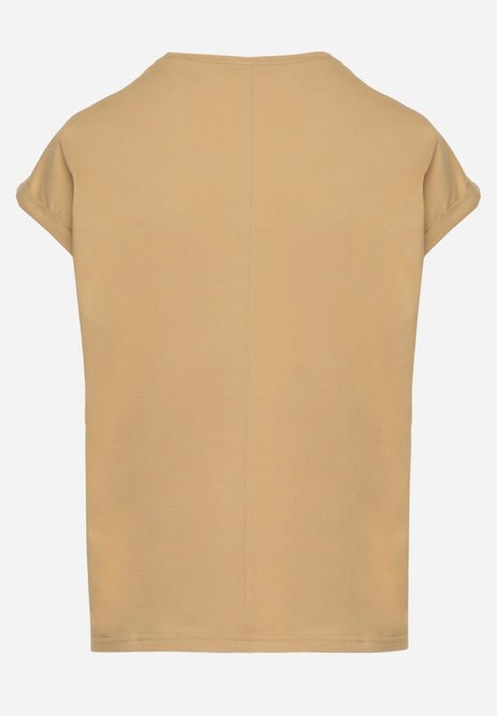 Beżowy T-shirt z Bawełny Ozdobiony Kieszonką Ziarene 7