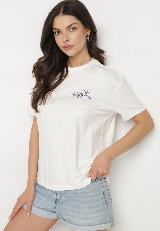 Jasnobeżowy Bawełniany T-shirt z Ozdobnym Nadrukiem Addlessa 2