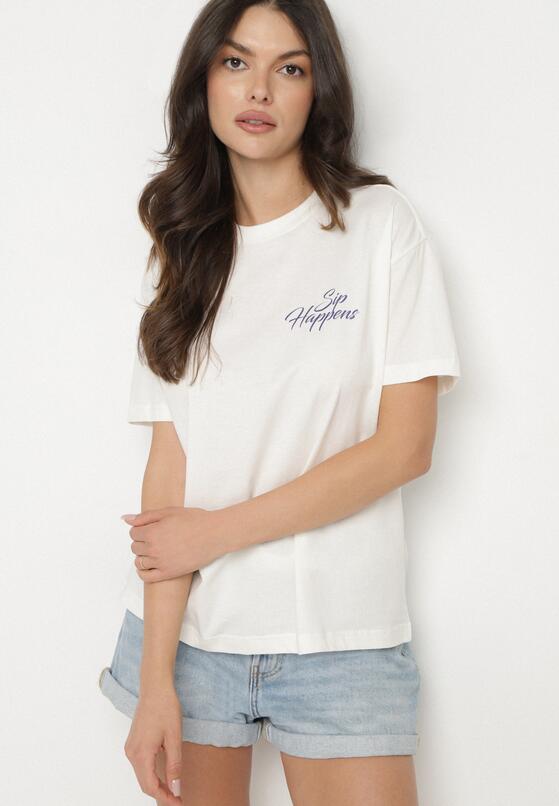 Jasnobeżowy Bawełniany T-shirt z Ozdobnym Nadrukiem Addlessa 4