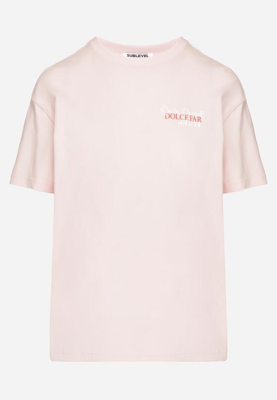 Jasnoróżowy Bawełniany T-shirt z Ozdobnym Nadrukiem Addlessa 6
