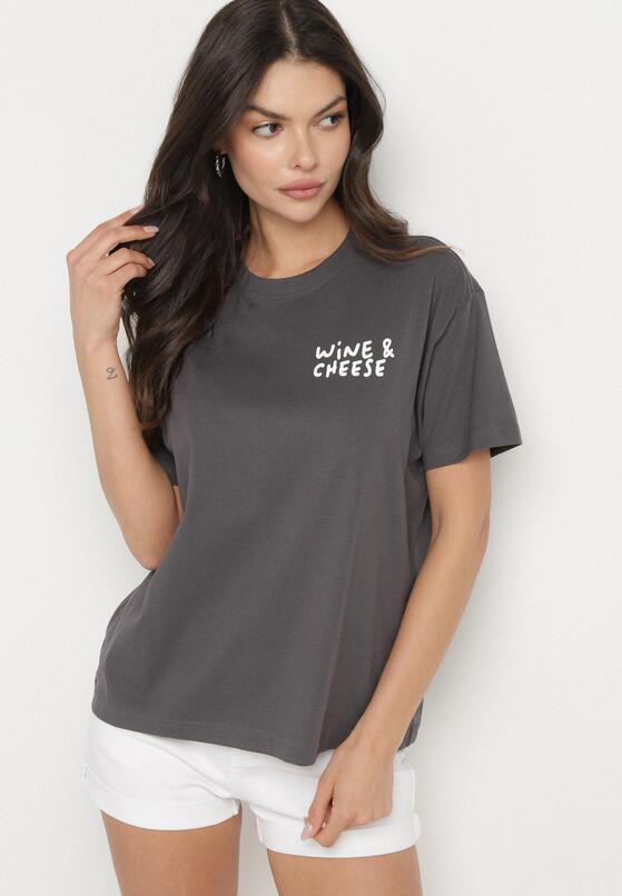 Ciemnoszary Bawełniany T-shirt z Ozdobnym Nadrukiem Addlessa 1