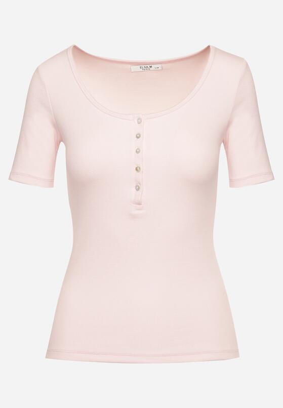 Różowy Prążkowany T-shirt z Bawełny Ozdobiony Guzikami Tasavia 6