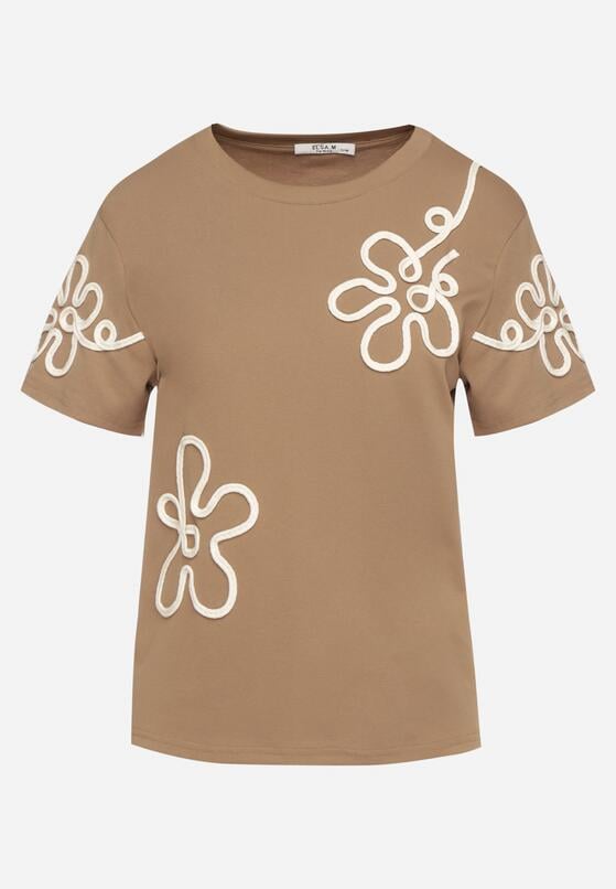 Jasnobrązowy T-shirt z Kwiatowymi Aplikacjami Tilenna 6