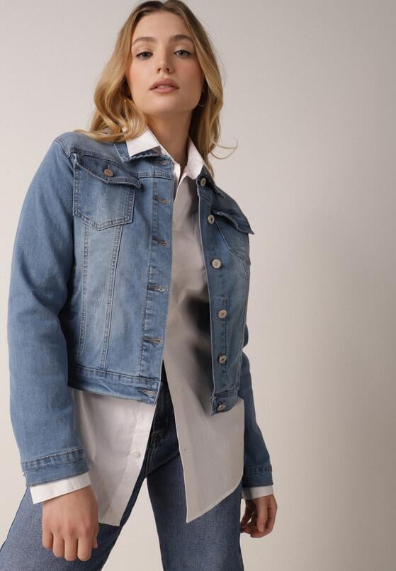 Jasnoniebieska Jeansowa Kurtka z Przetarciami i Kieszeniami z Klapami Hazelle 1