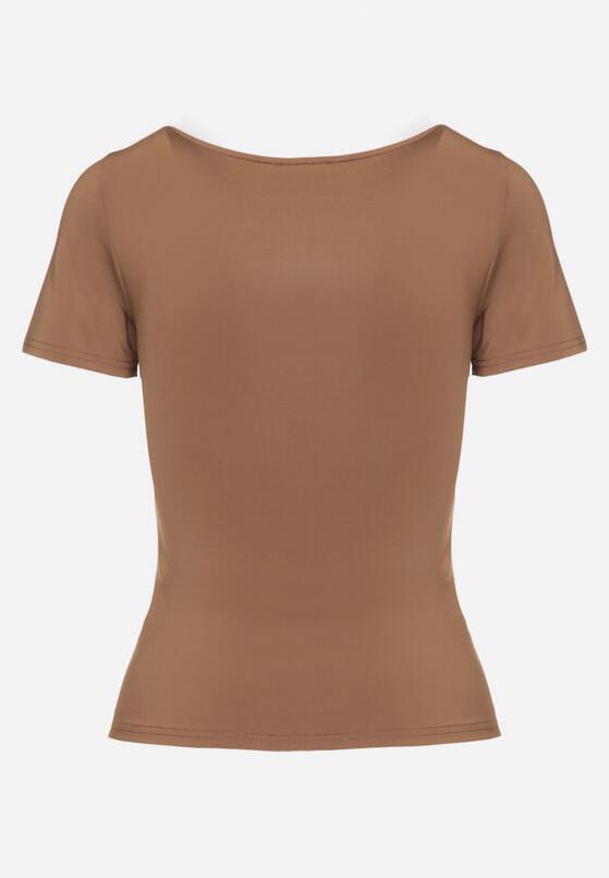 Brązowy T-shirt z Wiskozą o Dopasowanym Kroju z Dekoltem w Serek Folarisse 7