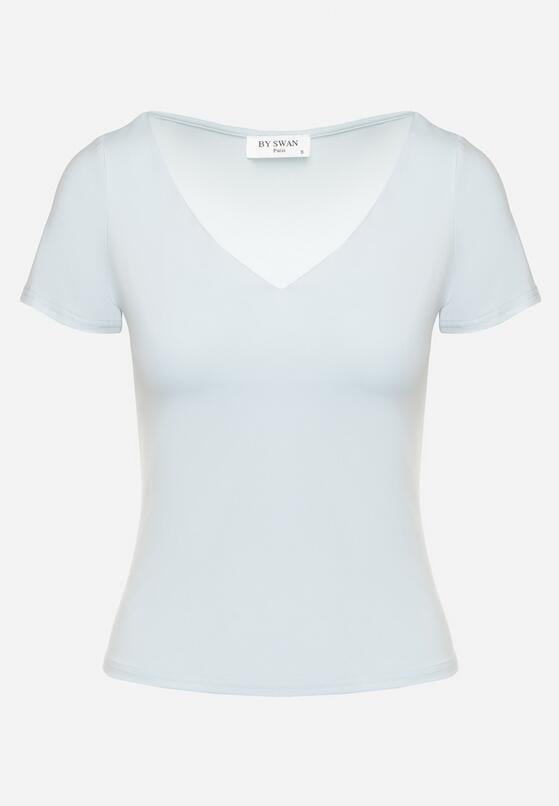 Jasnoniebieski T-shirt z Wiskozą o Dopasowanym Kroju z Dekoltem w Serek Folarisse 6