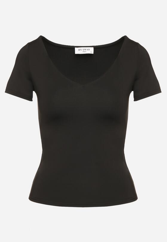 Czarny T-shirt z Wiskozą o Dopasowanym Kroju z Dekoltem w Serek Folarisse 6