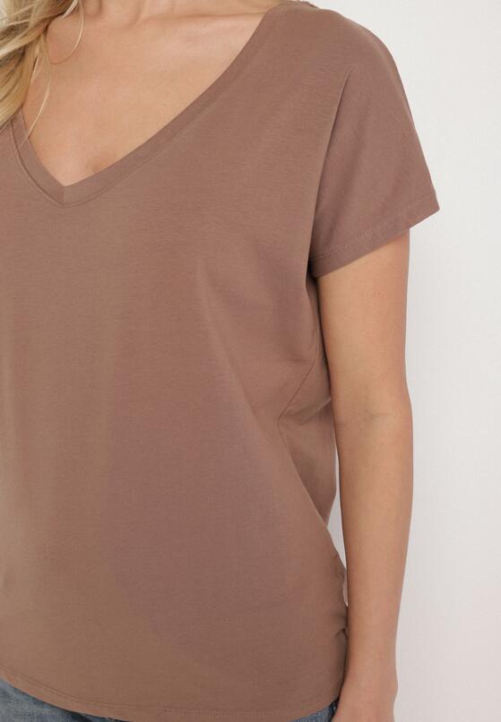 Ciemnobeżowy Bawełniany T-shirt z Trójkątnym Dekoltem Linarosea 5