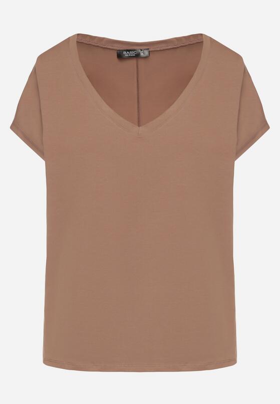 Ciemnobeżowy Bawełniany T-shirt z Trójkątnym Dekoltem Linarosea 6