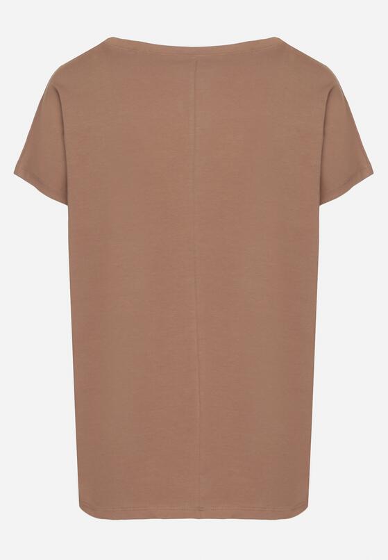 Ciemnobeżowy Bawełniany T-shirt z Trójkątnym Dekoltem Linarosea 7