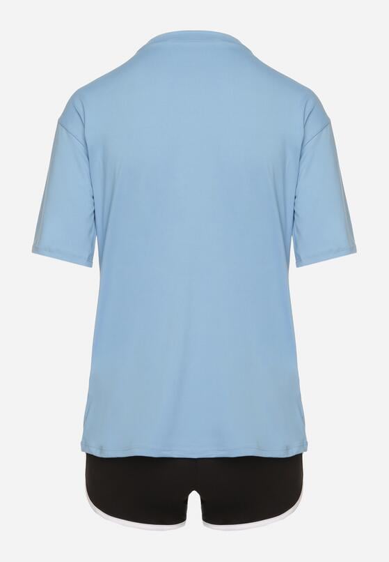 Niebiesko-Czarny Komplet T-shirt z Nadrukiem i Szorty z Lamówką Aravonne 7