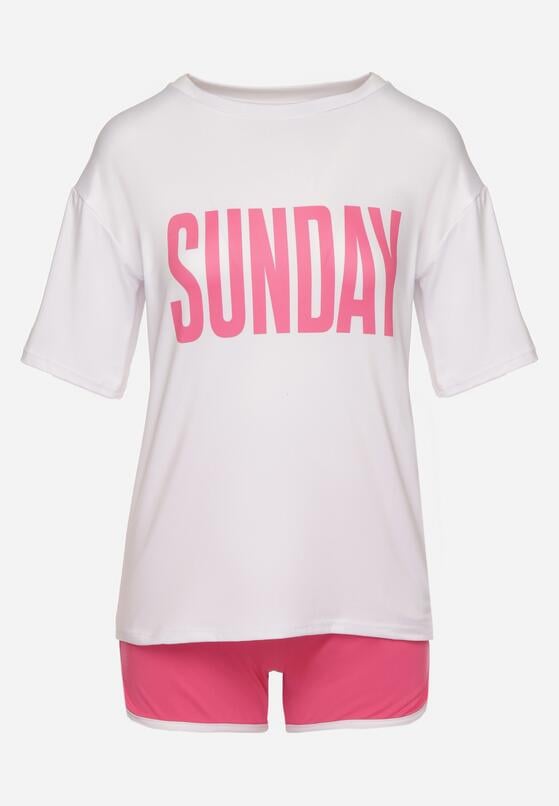 Biało-Fuksjowy Komplet T-shirt z Nadrukiem i Szorty z Lamówką Aravonne 6