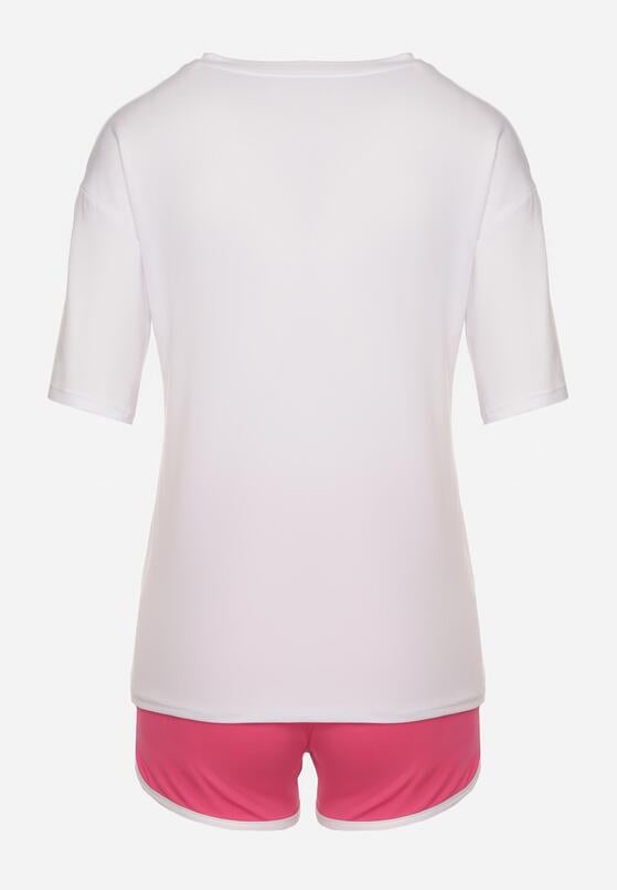 Biało-Fuksjowy Komplet T-shirt z Nadrukiem i Szorty z Lamówką Aravonne 7