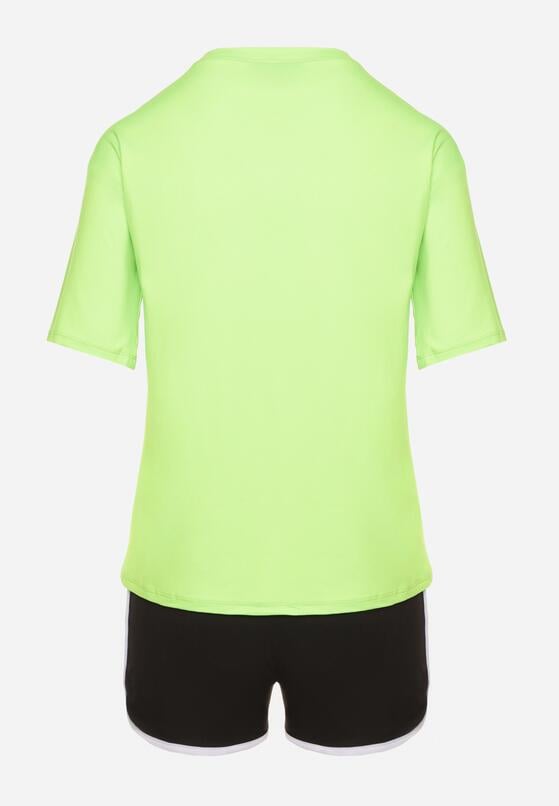 Zielono-Czarny Komplet T-shirt z Nadrukiem i Szorty z Lamówką Aravonne 7
