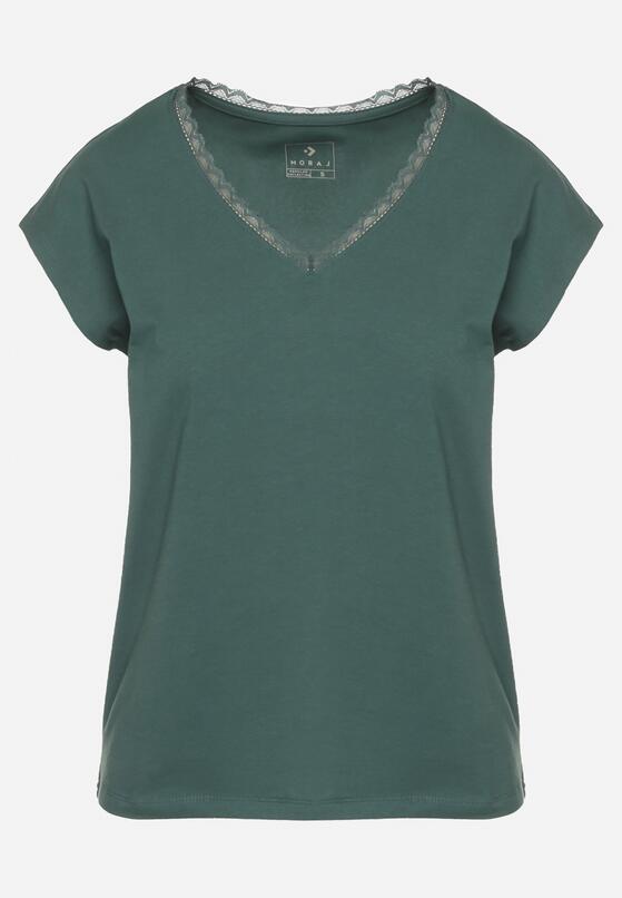 Ciemnozielony Bawełniany T-shirt z Koronką przy Dekolcie Ralettia 6