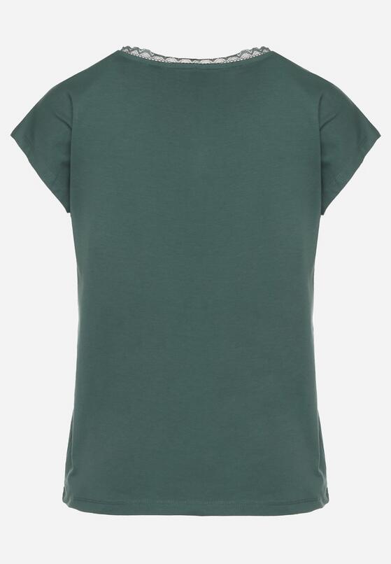 Ciemnozielony Bawełniany T-shirt z Koronką przy Dekolcie Ralettia 7