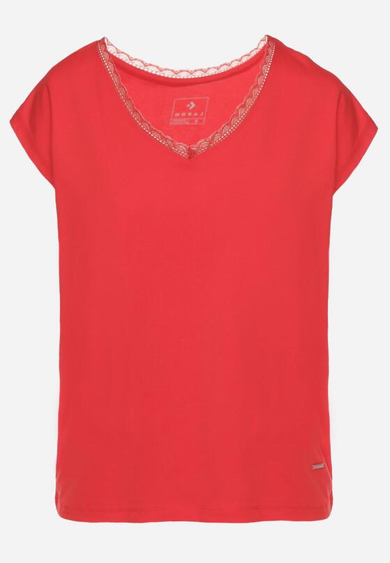 Czerwony Bawełniany T-shirt z Koronką przy Dekolcie Ralettia 6