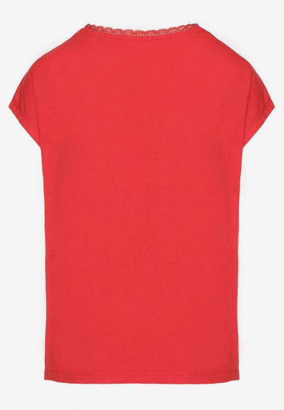 Czerwony Bawełniany T-shirt z Koronką przy Dekolcie Ralettia 7
