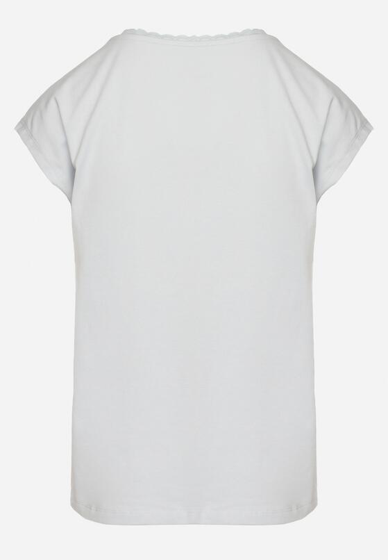 Jasnoniebieski Bawełniany T-shirt z Koronką przy Dekolcie Ralettia 7
