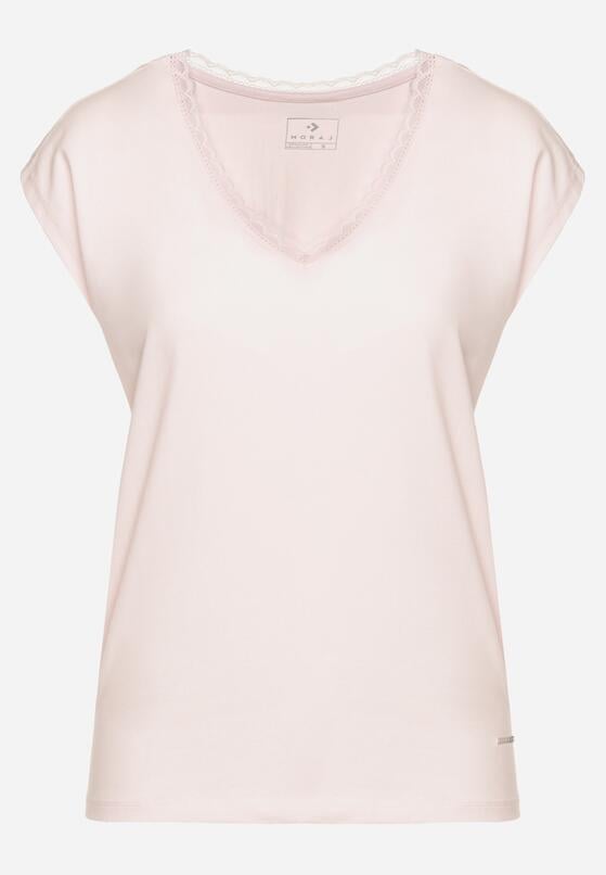 Jasnoróżowy Bawełniany T-shirt z Koronką przy Dekolcie Ralettia 6