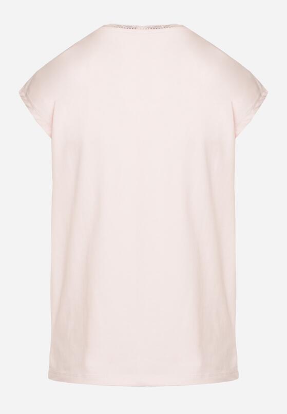 Jasnoróżowy Bawełniany T-shirt z Koronką przy Dekolcie Ralettia 7