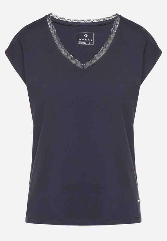 Granatowy Bawełniany T-shirt z Koronką przy Dekolcie Ralettia 6