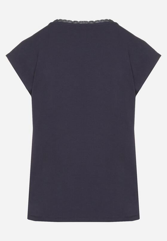 Granatowy Bawełniany T-shirt z Koronką przy Dekolcie Ralettia 7
