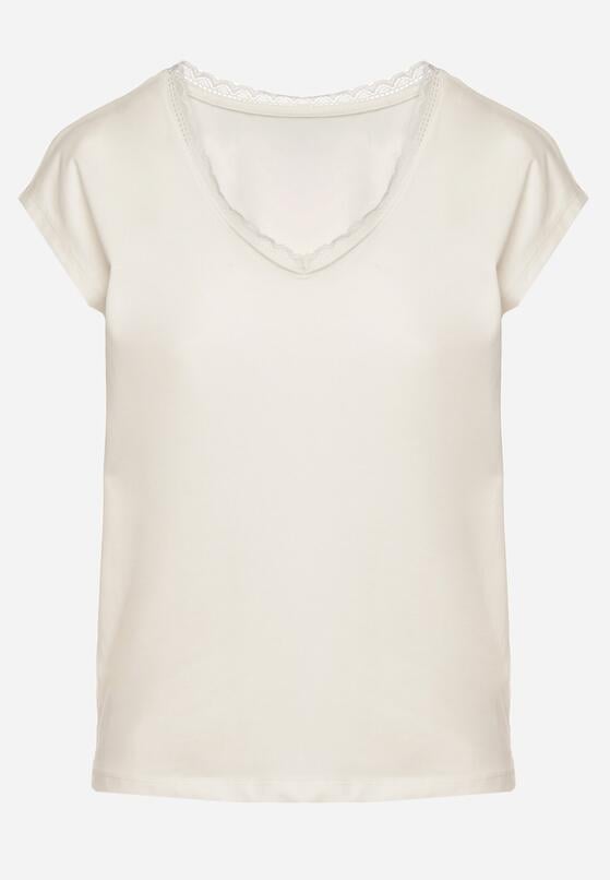 Biały Bawełniany T-shirt z Koronką przy Dekolcie Ralettia 6