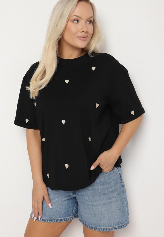 Czarny Bawełniany T-shirt Zdobiony Haftem w Kształcie Serc Naloree 1