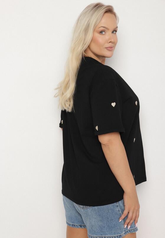 Czarny Bawełniany T-shirt Zdobiony Haftem w Kształcie Serc Naloree 3