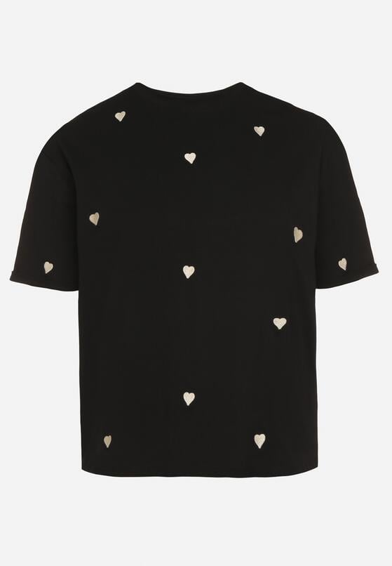 Czarny Bawełniany T-shirt Zdobiony Haftem w Kształcie Serc Naloree 6