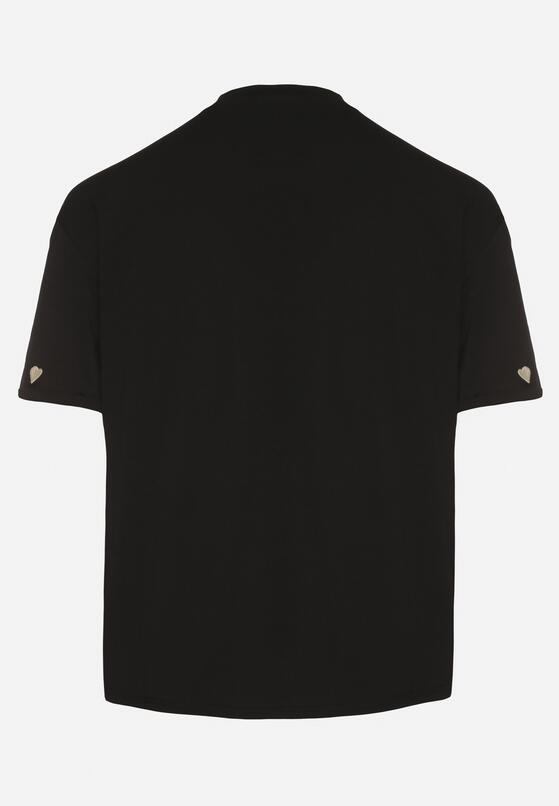 Czarny Bawełniany T-shirt Zdobiony Haftem w Kształcie Serc Naloree 7