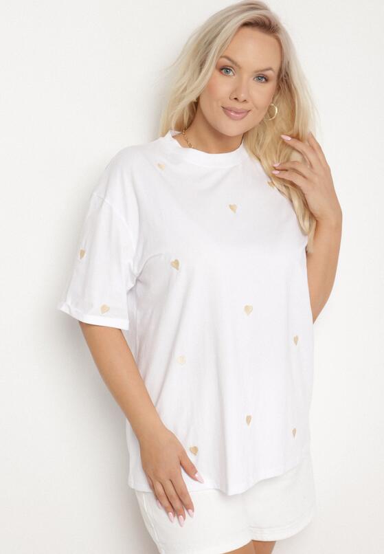 Biało-Beżowy Bawełniany T-shirt Zdobiony Haftem w Kształcie Serc Naloree 4