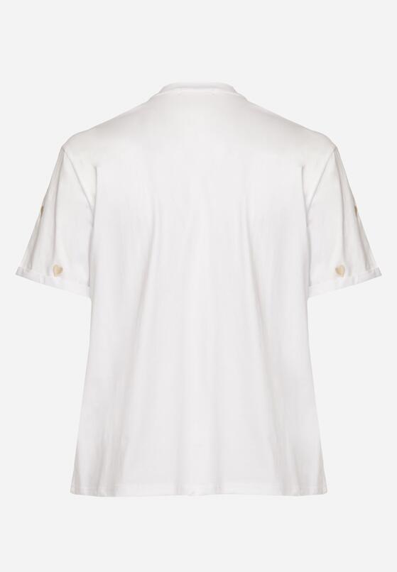 Biało-Beżowy Bawełniany T-shirt Zdobiony Haftem w Kształcie Serc Naloree 7