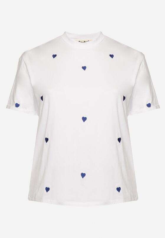 Biało-Niebieski Bawełniany T-shirt Zdobiony Haftem w Kształcie Serc Naloree 6