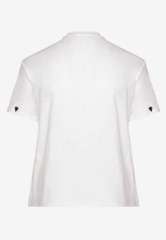 Biało-Niebieski Bawełniany T-shirt Zdobiony Haftem w Kształcie Serc Naloree 7