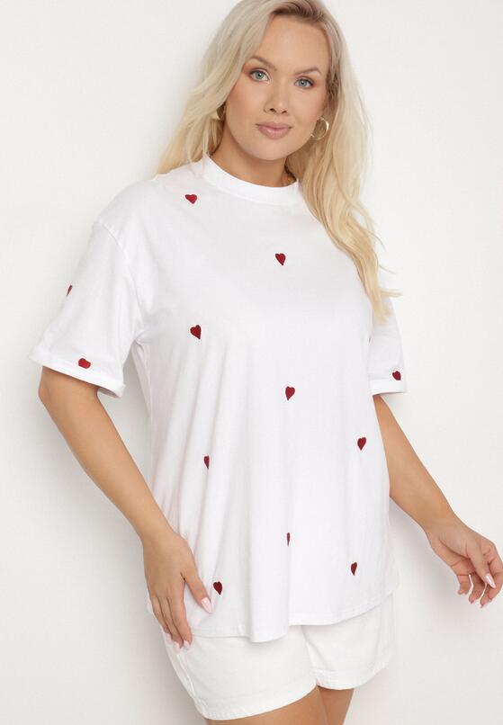 Biało-Czerwony Bawełniany T-shirt Zdobiony Haftem w Kształcie Serc Naloree 2