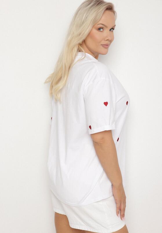 Biało-Czerwony Bawełniany T-shirt Zdobiony Haftem w Kształcie Serc Naloree 3