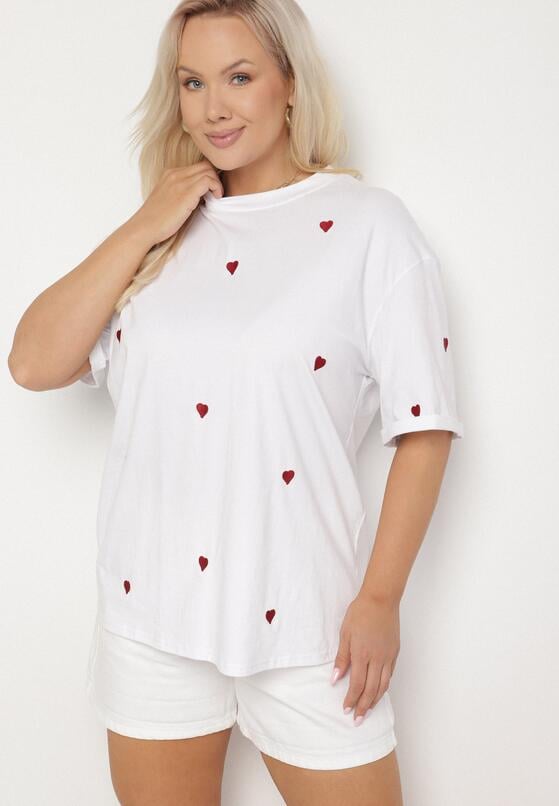 Biało-Czerwony Bawełniany T-shirt Zdobiony Haftem w Kształcie Serc Naloree 4