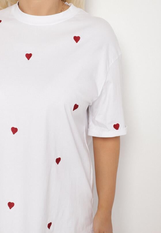 Biało-Czerwony Bawełniany T-shirt Zdobiony Haftem w Kształcie Serc Naloree 5