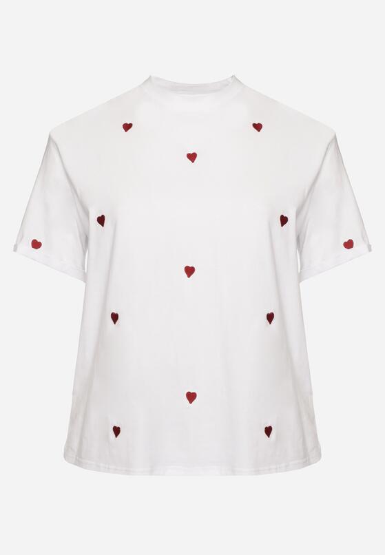 Biało-Czerwony Bawełniany T-shirt Zdobiony Haftem w Kształcie Serc Naloree 6